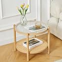 19.6" Boho Rattan Coffee Table, Round Tempered Glass Metal End Table