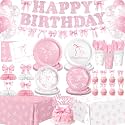 194 Pcs Pink Bow Birthday Decorations (Serves 24), Plates Napkins Cups Knifes Forks Hanging Swirls Cake &amp; Cupcake Toppers, Banner Tablecloth Balloons Centerpieces for Girls Bachelorette Party Decor