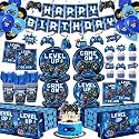 196 Pcs Video Game Birthday Party Decorations (Serves 24), Game Party Tableware Include Banner Hanging Plates Napkins Cups Forks Knifes Tablecloth Topper Balloons for Boy Party (Blue)