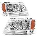 for 1999 2000 2001 2002 2003 2004 Jeep Grand Cherokee Headlight Assembly Compatible with 1999-2004 Jeep Grand Cherokee Chrome Housing Amber Reflector Driver and Passenger Side（W/O Bulbs）