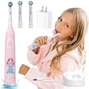 1PC Rotating Kids Electric Toothbrush with 2 Brush Heads | IPX7 Cartoon Kids Electric Toothbrushes 3 Modes Rechargeable Toothbrush | 1 USB Charger with Charger Block - Pink