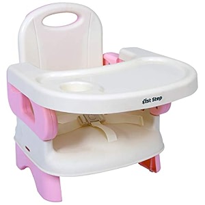 1st step 2 in 1 portable booster seat cum feeding chair with 2 level height adjustment and 5 point safety harness pink
