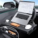 2-in-1 Car Steering Wheel Desk & Table Tray, Seat Gap Filler Organizer - Detachable Two-Piece Slide-Together Laptop & Eating Tray, Adjustable Supports & Hooks, Fits Most 3-Spoke Round Wheels