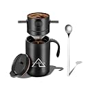 2-in-1 Detachable Pour Over Coffee Kit - 500ml(16oz) Travel Mug with Removable Filter & Spoon, Insulated Camping Coffee Maker for Hiking Travel (Black-16oz)