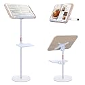 2 in 1 Dual-use Music Stand & Desktop Book Stand, Adjustable Height 16.5"-51", 100% Solid Wood Laptop Floor Stand Book Holder with Elastic Page Clips for Cookbooks (White with Tray)