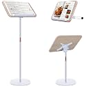 2 in 1 Dual-use Music Stand &amp; Desktop Book Stand, Adjustable Height 16.5"-51", 100% Solid Wood Laptop Floor Stand Book Holder with Elastic Page Clips for Cookbooks (White)