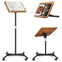 2 in 1 Dual-use Music Stand & Desktop Book Stand, Adjustable Height 16.5"-51", 100% Solid Wood Laptop Floor Stand Book Holder with Elastic Page Clips for Cookbooks (Brown-Wheeled)