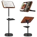 2 in 1 Dual-use Music Stand &amp; Desktop Book Stand, Adjustable Height 16.5"-51", 100% Solid Wood Laptop Floor Stand Book Holder with Elastic Page Clips for Cookbooks (Black Walnut with Tray)