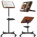 2 in 1 Dual-use Music Stand & Desktop Book Stand, Adjustable Height 16.5"-51", 100% Solid Wood Laptop Floor Stand Book Holder with Elastic Page Clips for Cookbooks (Black Walnut with Tray and Wheels)