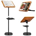 2 in 1 Dual-use Music Stand & Desktop Book Stand, Adjustable Height 16.5"-51", 100% Solid Wood Laptop Floor Stand Book Holder with Elastic Page Clips for Cookbooks (Brown with Tray)
