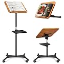 2 in 1 Dual-use Music Stand &amp; Desktop Book Stand, Adjustable Height 16.5"-51", 100% Solid Wood Laptop Floor Stand Book Holder with Elastic Page Clips for Cookbooks (Brown with Tray and Wheels)