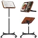 2 in 1 Dual-use Music Stand & Desktop Book Stand, Adjustable Height 16.5"-51", 100% Solid Wood Laptop Floor Stand Book Holder with Elastic Page Clips for Cookbooks (Black Walnut-Wheeled)