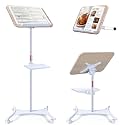 2 in 1 Dual-use Music Stand &amp; Desktop Book Stand, Adjustable Height 16.5"-51", 100% Solid Wood Laptop Floor Stand Book Holder with Elastic Page Clips for Cookbooks (White with Tray and Wheels)