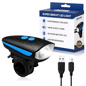 2-in-1 rechargeable and waterproof led cycle front lights 3 modes with horn 140 db cycle bell black