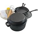 2-In-1 Seasoned Cast Iron Dutch Oven - With Cast Iron Skillet 3-Piece Set Loaf Oven Pan,Banneton Bread Proofing Basket set for home baking