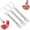 2-in-1 Stainless Steel Fruit Cutter, Watermelon Slicer with Fork, Dual Head Watermelon Fork Slicer Tool for Cubes, Fruit Knife with Round Handle for Home Kitchen, Picnic & Party (3PCS)