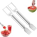 2-in-1 Stainless Steel Fruit Cutter, Watermelon Slicer with Fork, Dual Head Watermelon Fork Slicer Tool for Cubes, Fruit Knife with Round Handle for Home Kitchen, Picnic & Party (2PCS)