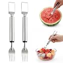 2-in-1 Stainless Steel Fruit Cutter Watermelon Slicer and Fork – Dual Head Fruit Cutter with Round Handle for Watermelon, Mango, Pitaya, Portable Kitchen Tool Home Parties (2pcs)