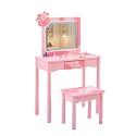 2 in 1 Study Desk and Stool Set,Wood Makeup Vanity Tables,Bedroom Dressing Table Set,Rectangular Wooden Activity Tables,with Mirror & Drawer,for Small Space Living Room Study Room Playroom (Pink)