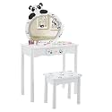 2 in 1 Study Desk and Stool Set,Wood Makeup Vanity Tables,Bedroom Dressing Table Set,Rectangular Wooden Activity Tables,with Mirror,for Small Space Living Room Study Room Playroom (Black &amp; White)