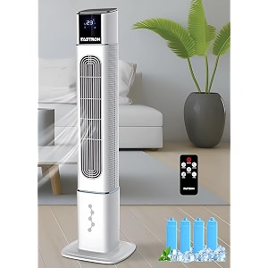 fastron 2 in 1 tower air cooler amp bladeless fan with remote 4l tank  4 ice packs digital display amp touch control 3 speed amp 3 modes 12h timer portable cooler for home office 80w 4 ltr