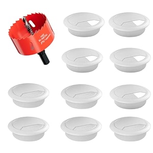 2-38 in hole saw with 10pcs white desk grommet - cable management kit for tv office and home table - hide wires behind wall tv wall cable pass through desk cable hole covers