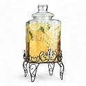 2.5 Gallon Classic Hammered Glass Beverage Dispenser with Elegant Stand - Glass Drink Dispenser with 100% Leak Proof Spigot, Party Drink Dispensers for Lemonade, Punch, Water, Juice