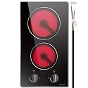 2 Burner Electric Cooktop, Noxton 12 inch Built-in Electric Stove Top, 3000W 220-240v Ceramic Cooktop with Knob Control 9 Heating Level, Hot Warning, Hardwired, No plug