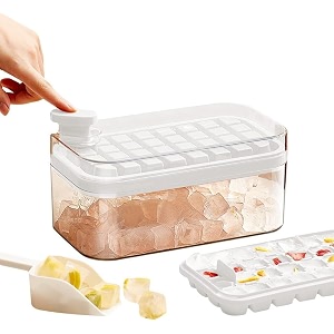 homecloud 2 layer ice cube tray with lid amp bin square ice cubes molds with ice scoop one tap easy release amp save space bpa free ice cube storage container 64 ice cubes white