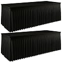2 Pack 8FT Black Spandex Tablecloths with Skirts, 96 Inch Stretch Fitted Rectangular Table Covers, Wrinkle Resistant Reusable Tablecloth for Wedding, Party, Banquet, Christmas, Halloween