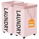 Optish 2 Pack Rolling Laundry Basket with Wheels, 90L Hamper with Wheels and Removable Mesh Bag, Pink Laundry Baskets on Wheels for Bedroom, Dorm, Clothes Hamper Organizer