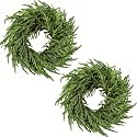 ENVEN 2 Pack Artificial Christmas Wreaths for Front Door, Norfolk Pine &amp; Cedar Greenery with Red Velvet Bows, Real Touch Holiday Wreaths for Indoor Outdoor Decoration, No Assembly Needed