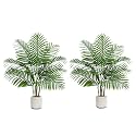 2 Pack Artificial Palm Tree Indoor Plant 3FT Tall Fake Tropical Palm Tree in Pot, Real Bark Design Faux Areca Palm Tree for Home Office Living Room Bedroom Farmhouse Modern Outdoor Topiary Tree