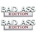 2 Pack Bad Ass Edition Emblem 3D Metal Badass Badge Sticker Decal with 3M Tape Replacement for Cars, Trucks, Motorcycles, Boats &amp; Laptops (Silver Red)