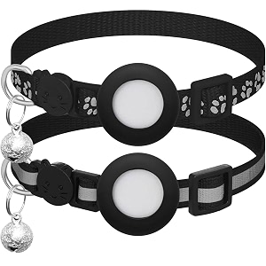 2-pack breakaway cat collar with airtag holder amp bell - reflective adjustable 7-12 inch safety buckle for indooroutdoor cats black