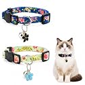 2 Pack Breakaway Cat Collar with Bell, Adjustable Cat Collars for Cats &amp; Kittens, Floral Printed Kitten Collar with Flower Charm, Soft Safety Pet Collar for Indoor Outdoor Cats(Green &amp; Blue)