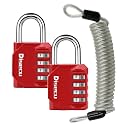 2 Pack disecu 4 Digit Combination Lock, Outdoor Waterproof Padlock with Steel Cable for School Gym Locker, Helmet, Gate, Fence, Luggage (Red)