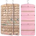 2 Pack Hanging Jewelry Organizer Storage with 39 Pockets, 30 Necklace Hooks Double Sided Wall Mount Earring Holder Organizer Bracelet Necklace Jewelry Display Hanger for Closet Door(Pink)