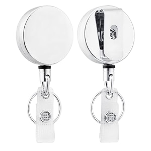 will well id badge holder reel with clip and keyring - heavy-duty all-metal casing with 27534uhmwpe fiber pull cord for durability and easy access holds up to 8 keys - 2-pack round glossy silver