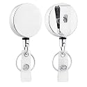 Will Well ID Badge Holder Reel with Clip and Keyring - Heavy-Duty All-Metal Casing with 27.5"UHMWPE Fiber Pull Cord for Durability and Easy Access, Holds up to 8 Keys - 2-Pack, Round, Glossy Silver