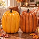 2 Pack Large Fake Light Yellow and Orange Faux Pumpkins, Realistic Lifelike Harvest Fall Decoration, Hard Foam Vegetable Ornament for Halloween Autumn Festival Home Table Porch Outdoor Decor