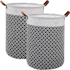 2 pack large laundry hamper basket 63l freestanding waterproof clothes basket collapsible round bohemia storage organizer with leather handles for dirty clothes home storage black