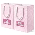 2 Pack Pink Gingham Laundry Baskets, 80L Each Collapsible Laundry Hamper