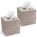 2 Pack Rattan Tissue Box Cover Square, Hand Woven Wicker Tissue Holder, 5.5 x 5.5 X 5.7 inch, Whitewash