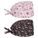 2 Pack Scrub Cap with Sweatband Adjustable Tie Back Turban Hat Headgear Beanie for Women Men Working Cap