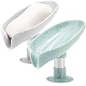 2 Pack Soap Holder Leaf-Shape Self Draining Soap Dish Holder, Not Punched Easy Clean Bar Soap Holder, with Suction Cup Soap Dish Suitable for Shower, Bathroom, Kitchen Sink (Grey + Green)