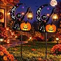 2 Pack Solar Halloween Lights Outdoor Decorations, Black Cat & Pumpkin Moon