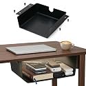 2 Pack Under Desk Hanging Shelf Drawer Organizer, Attachable Plastic Hidden Storage Tray, Easy Adhesive Mount Holder for Standing Tables, Office, Counters, Cabinets, Workstations - Black