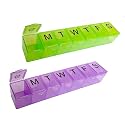 2 Pack Weekly (7-Day) Pill Organizer, 7 Days Pill Case Travel Daily Pill Box Portable Medicine Organizer and Planner with Compartment for Vitamins, Fish Oil, Supplements and Medication (Green&Purple)