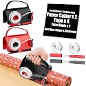 2-Pack Wrapping Paper Cutter & Tape Dispenser for Christmas Gift, Improve Gift Packaging Efficiency, Makes the Cutting line straighter, Cutting Tool with 4 Tapes，2 Replace Blades Kit, Red and Black